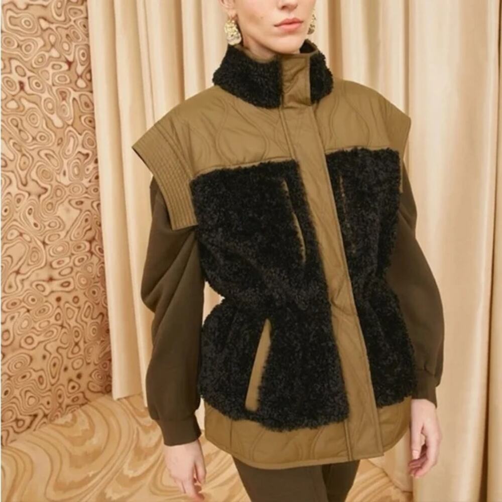 Ulla Johnson Shiloh Quilted Vest Sherpa Panel High Neck Olive Size Small